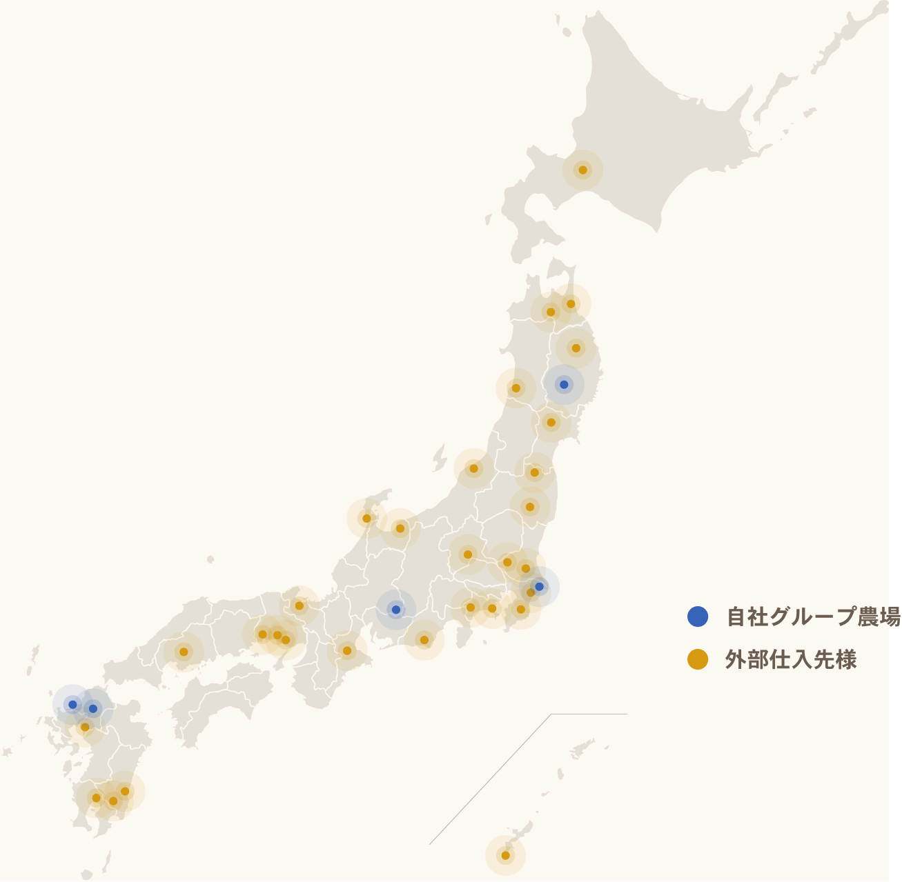 自社グループ農場と外部仕入先の日本地図